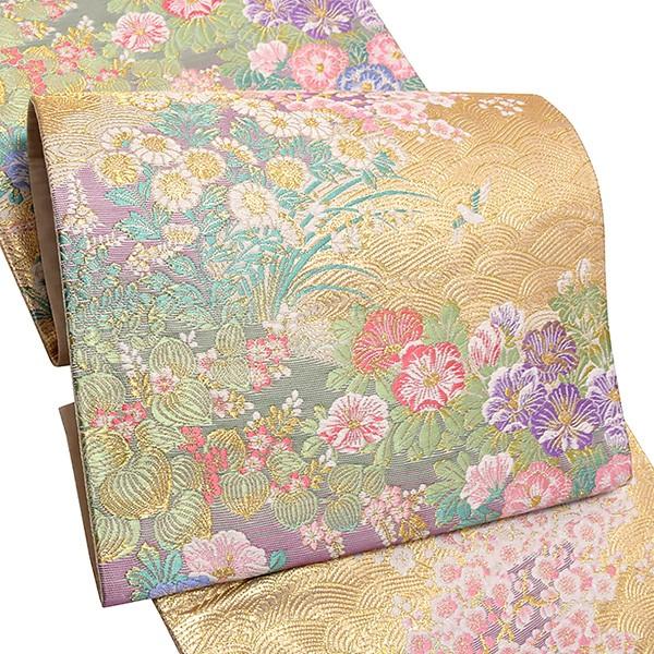 Prices down3）礼装 袋帯「ゴールド 波に草花」訪問着、色留袖、付け  