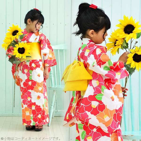 KIMONOMACHI 浴衣 子供 キッズ 浴衣セット「赤×オレンジ 椿 KIMONOMACHI 浴衣 子供 キッズ 浴衣セット「赤×オレンジ 椿