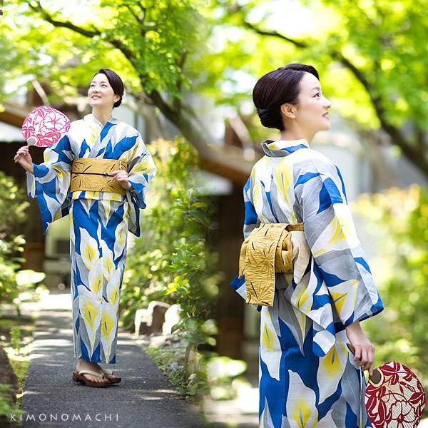 美品 S 京都きもの町 レディース 浴衣 ゆかた 着物 花柄 浴衣 レディース 単品 「紺色×オフホワイト 百合の花 FONT-30
