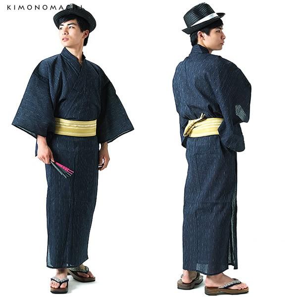 Prices down）浴衣 メンズ 男性 2点セット「紺色細縞浴衣×からし色献上