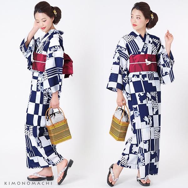 KIMONOMACHI 浴衣 レディース 浴衣セット「青×白 猫」京都きもの町