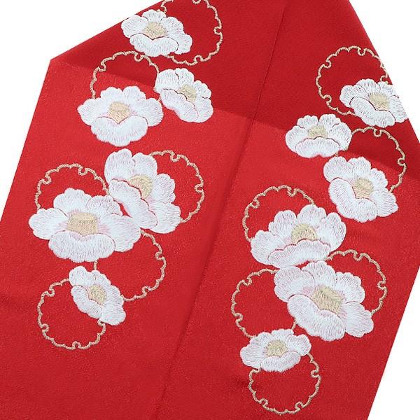 Prices down2）振袖 半襟 刺繍 「赤色 雪輪に白椿」 刺繍半襟 振袖衿