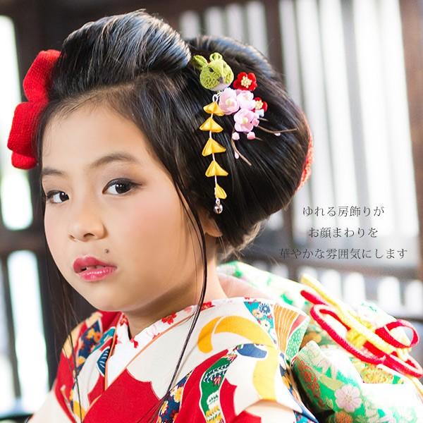 七五三 髪飾り つまみ細工 「抹茶色 鳥とお花」子供 女の子 桃の節句