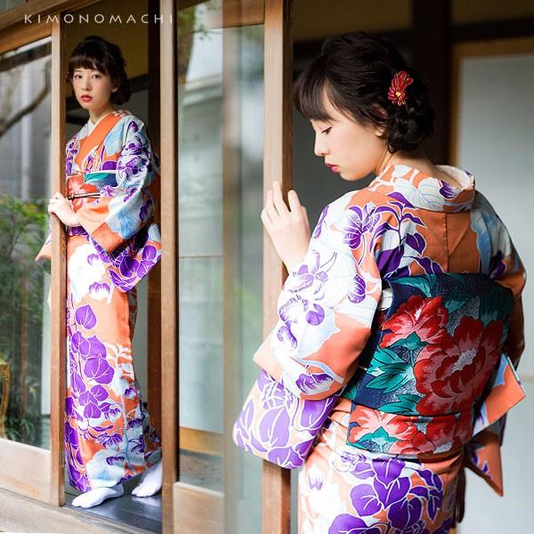 KIMONOMACHI （Prices down）洗える着物 小紋 単衣 単品 「柿色 