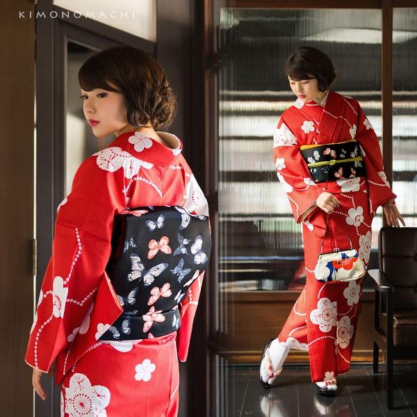 KIMONOMACHI 洗える着物 小紋 単衣 単品 「赤色 絞り風梅のお花 KIMONOMACHI 洗える着物 小紋 単衣 単品 「赤色 絞り風梅のお花