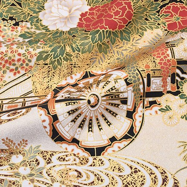 家紋入り 正絹 黒留袖 花柄 花車