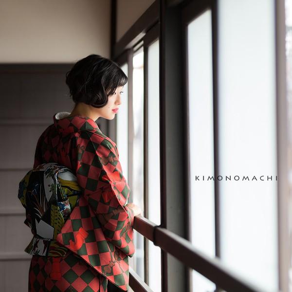 KIMONOMACHI 洗える着物 セット 小紋 袷 京袋帯 「赤×黒緑色 KIMONOMACHI 洗える着物 セット 小紋 袷 京袋帯 「赤×黒緑色