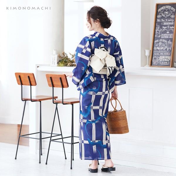 浴衣 レディース 単品 「紺色 格子にコウモリ」 S F TL LL サイズ KIMONOMACHI 京都きもの町 オリジナル レトロ モダン かわいい 大人柄 変わり織り綿 女性浴衣単品 女浴衣 ゆかた yukata 【メール便不可】