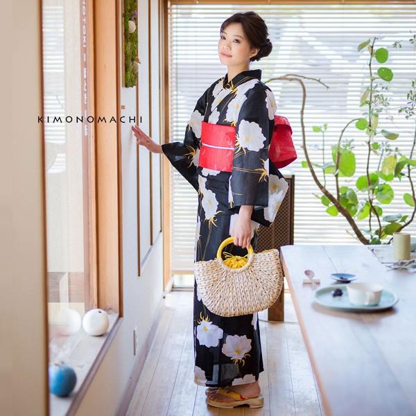 浴衣 レディース 単品 「ブラック ポピー」 S F TL LL サイズ KIMONOMACHI 京都きもの町 オリジナル レトロ モダン かわいい 大人柄 変わり織り綿 女性浴衣単品 女浴衣 ゆかた yukata 【メール便不可】
