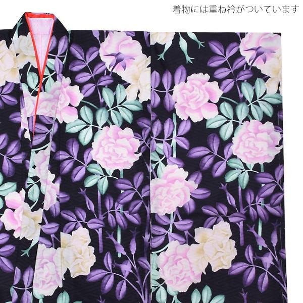 Prices down2）七五三 7歳 着物「黒色 薔薇」四つ身 女の子の