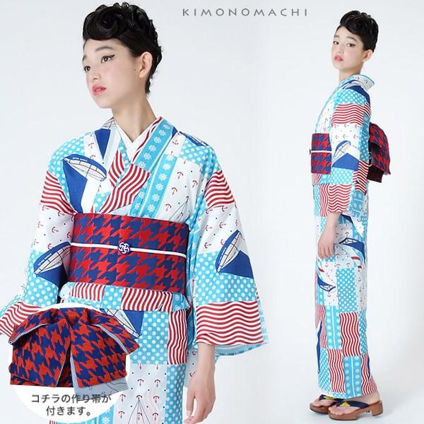 KIMONOMACHI 浴衣 レディース セット 作り帯「スカイブルー 夏