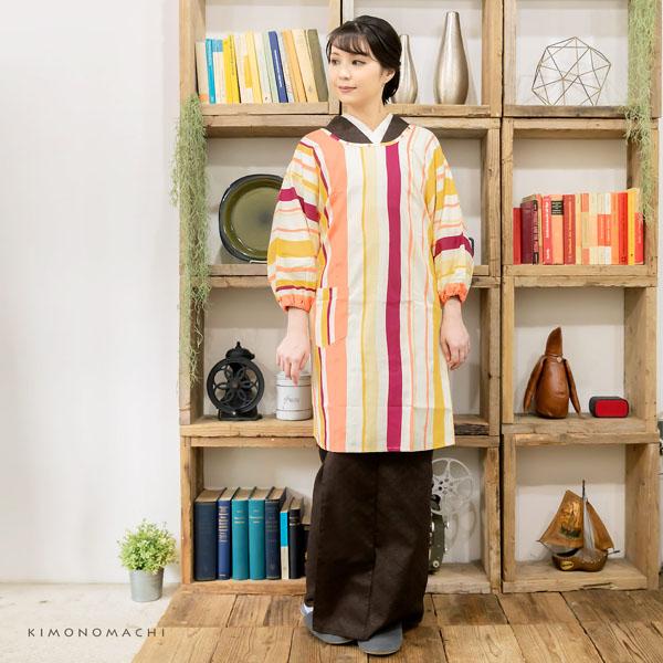 割烹着 おしゃれ ゆらぎ縞 日本製 ロング丈 かわいい 綿 ロング割烹着 着物割烹着 エプロン プレゼント ギフト メール便可 京都きもの町 通販 Yahoo ショッピング