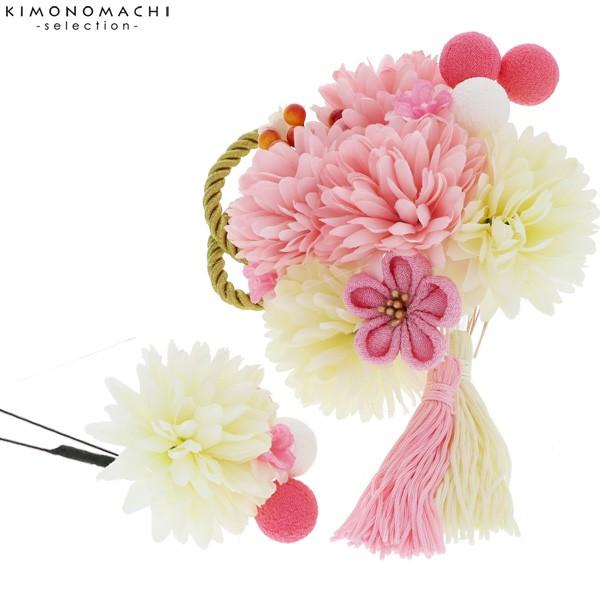 まーおすすめセット 花飾り タッセル付き Prices down5）成人式 髪飾り 白 花 紐 2点セット「ピンク お花と玉 房