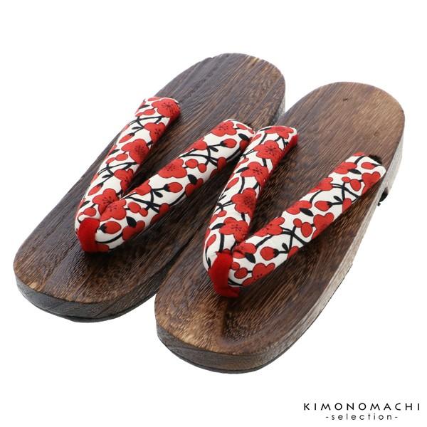 女性下駄単品「梅 白×赤 焼桐」フリーサイズ(Lサイズ)・LLサイズ 23〜25.5cm 痛くなりにくい 下駄 女性 レディース 桐下駄 浴衣・甚平に 浴衣下駄 【メール便不可】