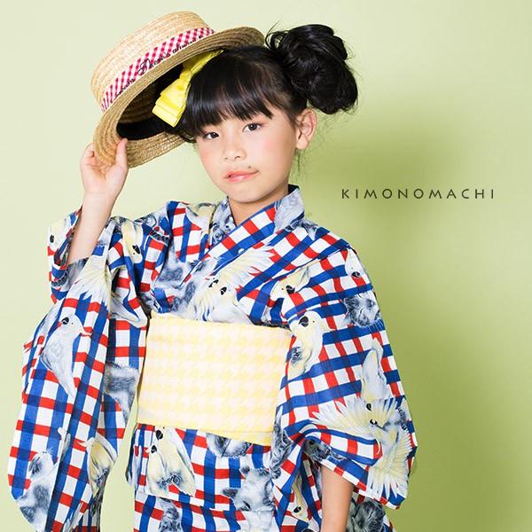 浴衣 子供 キッズ 浴衣セット 赤 青チェック 猫とオウム レトロ 110cm 1cm 130cm 140cm 150cm Kimonomachi 女の子浴衣セットss06kkd15 Supersport Tn
