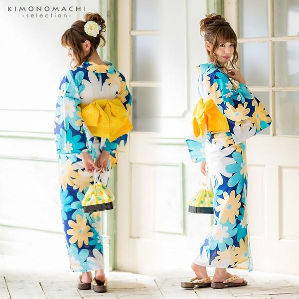 浴衣 レディース 3点セット「ブルー ポップフラワー」 浴衣3点