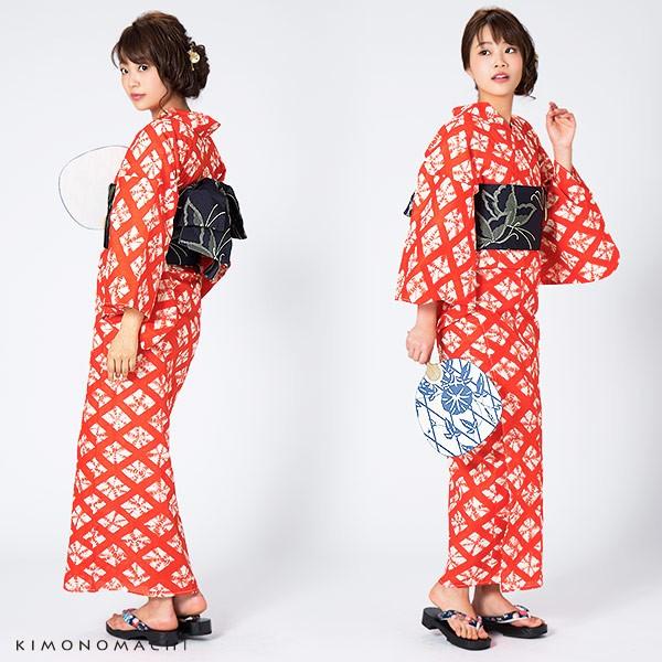 KIMONOMACHI 浴衣 レディース セット 「赤色 絞り風菱模様」 S