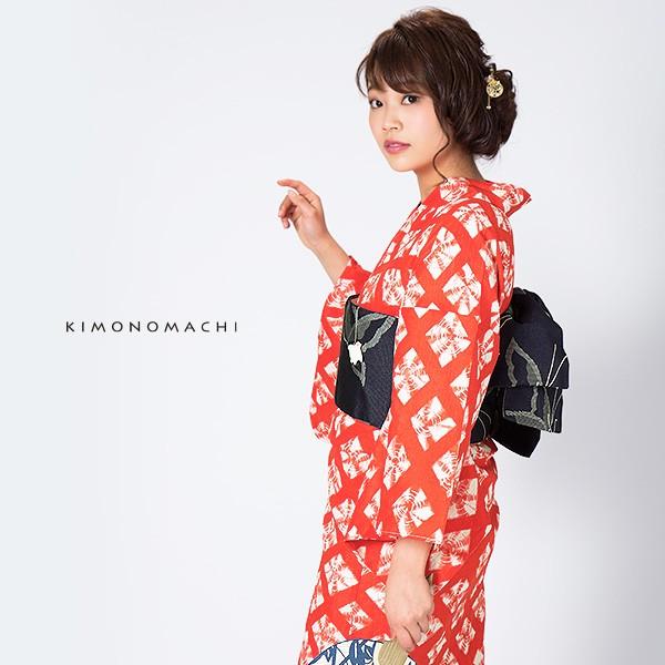 KIMONOMACHI 浴衣 レディース セット 「赤色 絞り風菱模様」 S
