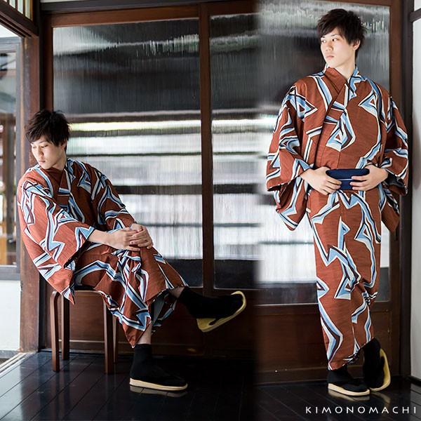 洗える着物 メンズ 男性 単衣着物 ポリエステル 「ジグザグ 茶」 S/M/L/LL/3L 男着物単品 着物 男性用 単衣着物単品 紳士着物 メンズ着物 きもの kimono 【メール便不可】