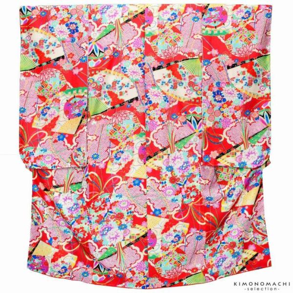 Prices down2）七五三 7歳 着物 四つ身 単品「赤色 扇」女の子の着物