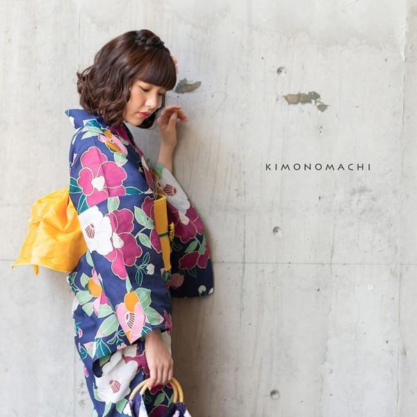 KIMONOMACHI 浴衣 レディース 単品 「椿 紺」 S F TL LL サイズ