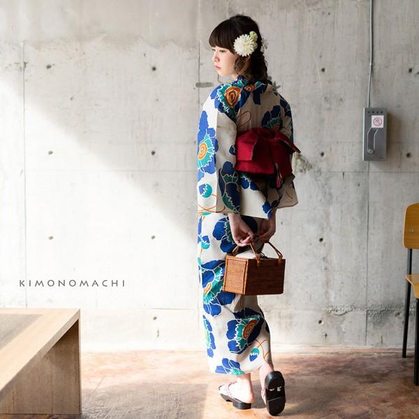 浴衣 レディース 単品 「レトロフラワー ブルー」 S F TL LL サイズ KIMONOMACHI 京都きもの町 レトロ モダン かわいい 大人 20代 30代 40代 変わり織り綿 女性浴衣単品 女浴衣 ゆかた yukata 【メール便不可】