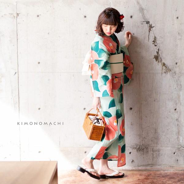 浴衣 レディース 単品 「丸椿 パステルグリーンにピンク」 S F TL LL サイズ KIMONOMACHI 京都きもの町 レトロ モダン かわいい 大人 20代 30代 40代 変わり織り綿 女性浴衣単品 女浴衣 ゆかた yukata 【メール便不可】