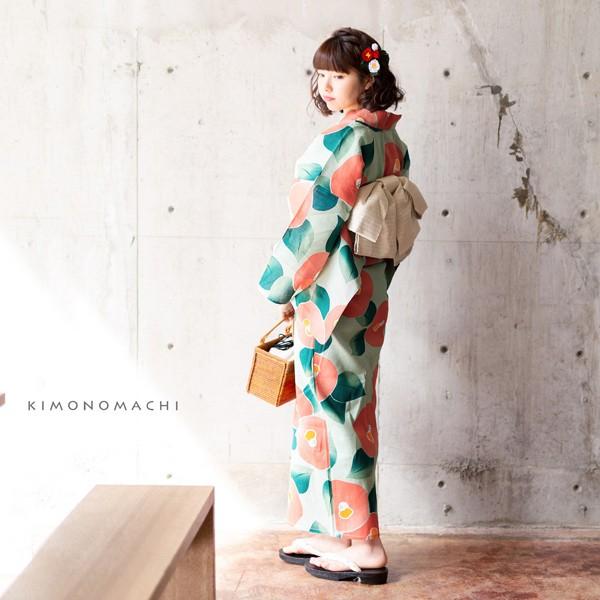 浴衣 レディース 単品 「丸椿 パステルグリーンにピンク」 S F TL LL サイズ KIMONOMACHI 京都きもの町 レトロ モダン かわいい 大人 20代 30代 40代 変わり織り綿 女性浴衣単品 女浴衣 ゆかた yukata 【メール便不可】
