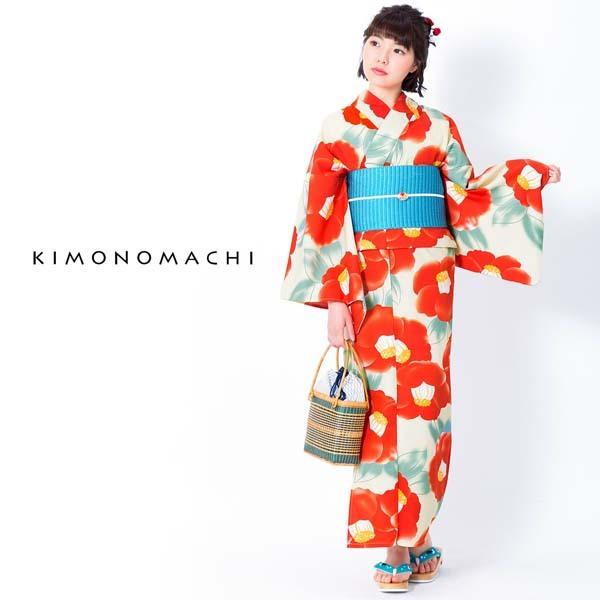 浴衣 レディース 「クリーム　水彩椿」 吸水速乾　CoolPass　ポリエステル浴衣　ポリ浴衣　大人　個性的　花火大会　夏祭り　女性浴衣　女性ゆかた　夏着物　単衣着物　京都きもの町オリジナル　KIMONOMACHI 【メール便不可】