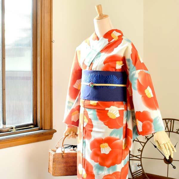 浴衣 レディース 「クリーム　水彩椿」 吸水速乾　CoolPass　ポリエステル浴衣　ポリ浴衣　大人　個性的　花火大会　夏祭り　女性浴衣　女性ゆかた　夏着物　単衣着物　京都きもの町オリジナル　KIMONOMACHI 【メール便不可】