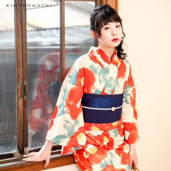 浴衣 レディース 「クリーム　水彩椿」 吸水速乾　CoolPass　ポリエステル浴衣　ポリ浴衣　大人　個性的　花火大会　夏祭り　女性浴衣　女性ゆかた　夏着物　単衣着物　京都きもの町オリジナル　KIMONOMACHI 【メール便不可】