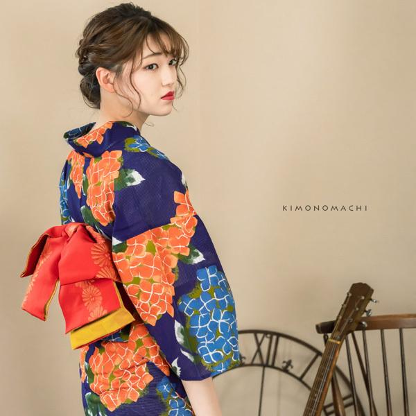 KIMONOMACHI (Prices down)浴衣 レディース 「紫陽花 紺」綿絽 KIMONOMACHI (Prices down)浴衣 レディース 「紫陽花 紺」綿絽