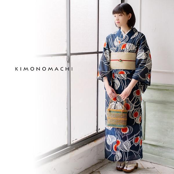 KIMONOMACHI 浴衣 レディース 「ほおずき 紺」 綿絽 大人 女性 KIMONOMACHI 浴衣 レディース 「ほおずき 紺」 綿絽 大人 女性