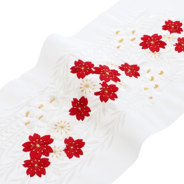 振袖 半襟 刺繍「赤白桜と藤」赤 白 花 衿秀 刺繍半襟 振袖用半衿 前