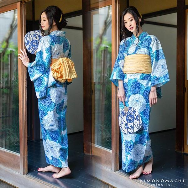 浴衣 セット レディース 大人 浴衣セット 浴衣3点セット（浴衣＋帯＋下駄） 「ブルー丸菊＋兵児帯イエロー」 花火大会 夏祭り 女性用 女性浴衣 ゆかた 【メール便不可】
