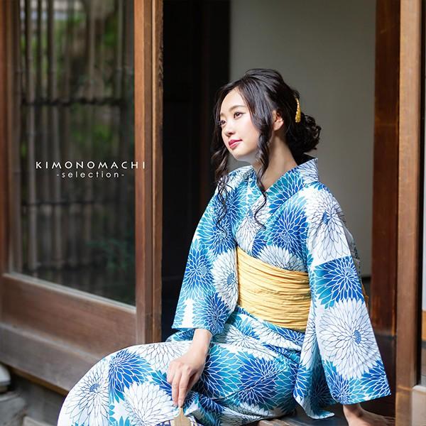 浴衣 セット レディース 大人 浴衣セット 浴衣3点セット（浴衣＋帯＋下駄） 「ブルー丸菊＋兵児帯イエロー」 花火大会 夏祭り 女性用 女性浴衣 ゆかた 【メール便不可】
