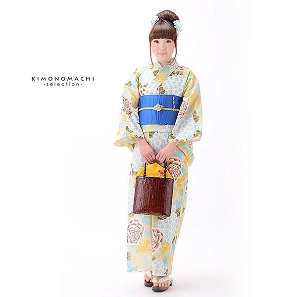 Prices down2）浴衣 レディース 女性浴衣単品「薄黄 あじさいと薔薇