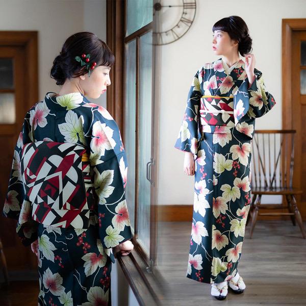 KIMONOMACHI 洗える着物 小紋 袷 単品 「葡萄 紺」 オリジナル KIMONOMACHI 洗える着物 小紋 袷 単品 「葡萄 紺」 オリジナル