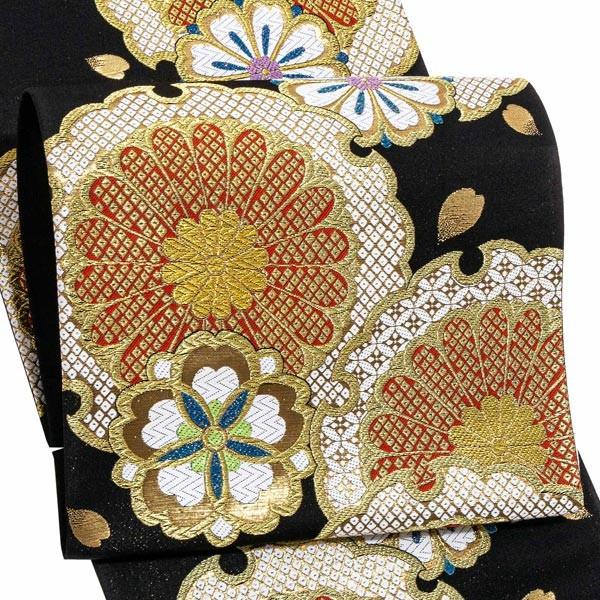 正絹　夏袋帯　菊　雪輪　黒地 正絹夏袋帯菊雪輪黒地