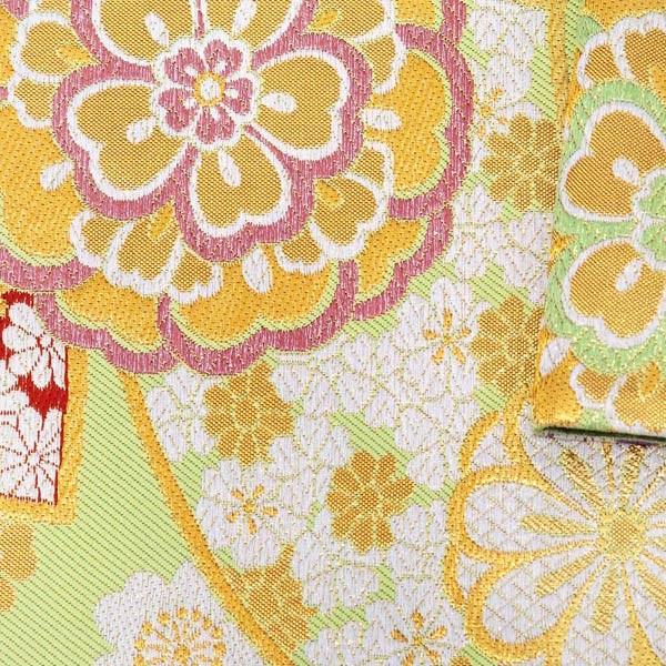 Prices down4）振袖 帯「薄緑色 扇に花」日本製 証紙番号2362 大光株式