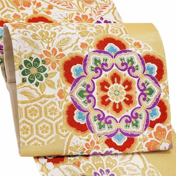 振袖 帯 金色地 雪輪 華紋 日本製 西陣織 証紙番号2362 大光株式会社謹製 絹 未仕立て 六通柄 振袖用 袋帯 振袖帯 T メール便不可 京都きもの町 通販 Yahoo ショッピング