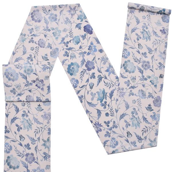 Prices down)帯 名古屋帯 大島染め 「白鼠地 薄藍花唐草」 本場 Prices down)帯 名古屋帯 大島染め 「白鼠地 薄藍花唐草」 本場