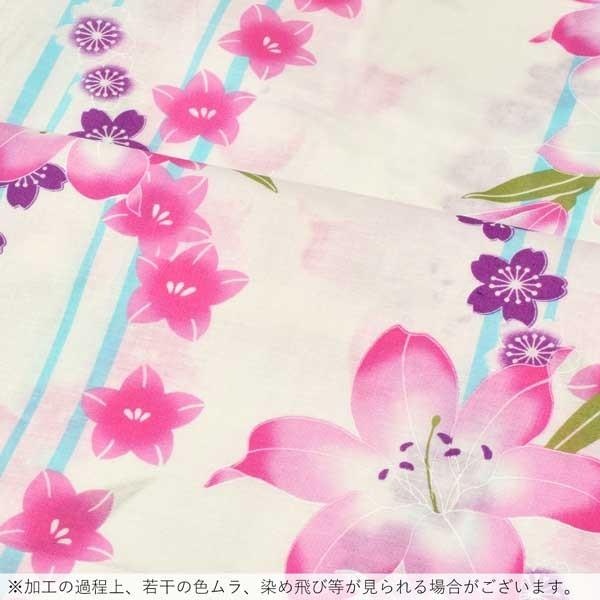浴衣 レディース 単品 「白地 縞に百合」 フリーサイズ レトロ モダン 大人柄 女性浴衣単品 女浴衣 ゆかた yukata 【メール便不可】