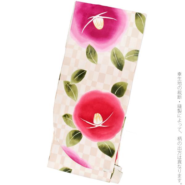 卒業式 袴 着物 単品 二尺袖 「ベージュ市松 ぼかしの椿 FN-124」 袴用