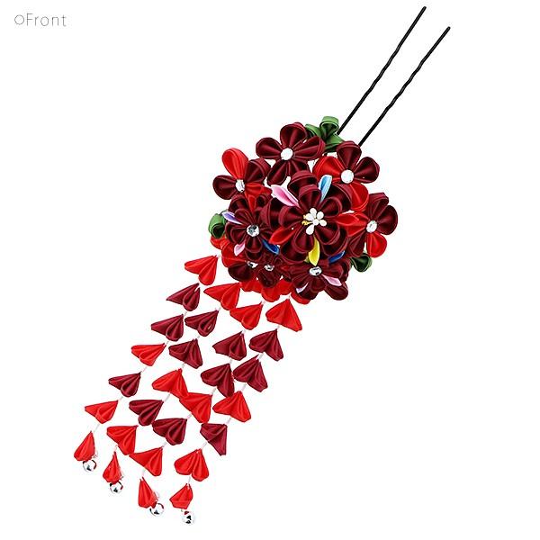 髪飾り つまみ細工 成人式 「エンジ色つまみの花、房下がり No