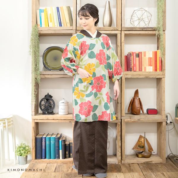 ロング丈 割烹着「白色 フラワー」日本製 オシャレ かわいい 綿割烹着 ロング割烹着 着物割烹着 エプロン プレゼント最適品 【送料無料】【メール便不可】
