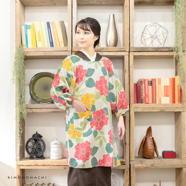 ロング丈 割烹着「白色 フラワー」日本製 オシャレ かわいい 綿割烹着 ロング割烹着 着物割烹着 エプロン プレゼント最適品 【送料無料】【メール便不可】