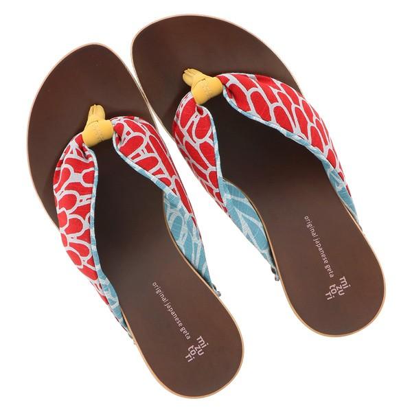 げたのみずとり hitete ハイテテ KCLシリーズ KCL-09 伊砂文様・菊×アカ／伊砂文様・菊×セイジ×黄(むす美) mizutori 水鳥工業 下駄 日本製 国産 痛くない 履きやすい 着物 浴衣 洋服 カジュアル ジーンズ サンダル かわいい  草履 花火 祭り 下駄 レディース 「みずとりの下駄 hitete KCL-09-L 伊砂文様・菊×アカ