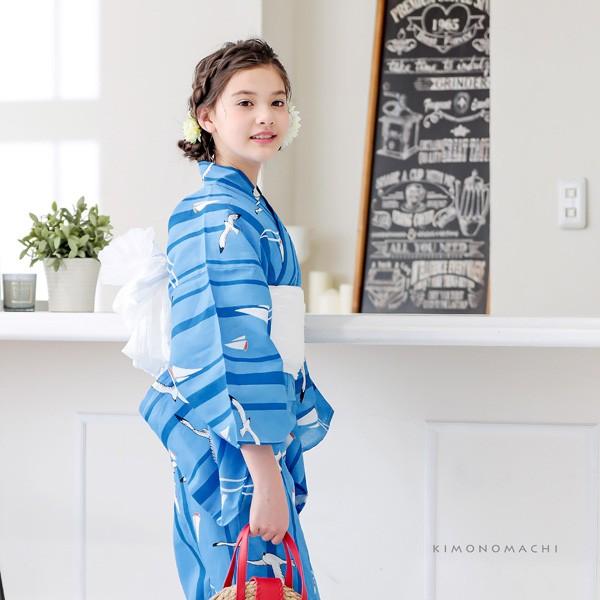 浴衣 子供 女の子 子供浴衣セット（浴衣＋帯） 浴衣2点セット 「ブルー ヨットとカモメ」110 120 130 140 150 5サイズ KIMONOMACHIオリジナル 花火大会 夏祭り 夕涼み おうち時間 こども 子ども キッズ ジュニア ゆかた 【メール便不可】