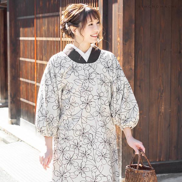 ロング丈 割烹着「ベージュ　花」日本製 オシャレ かわいい 綿割烹着 ロング割烹着 着物割烹着 エプロン プレゼント最適品 【送料無料】【メール便不可】